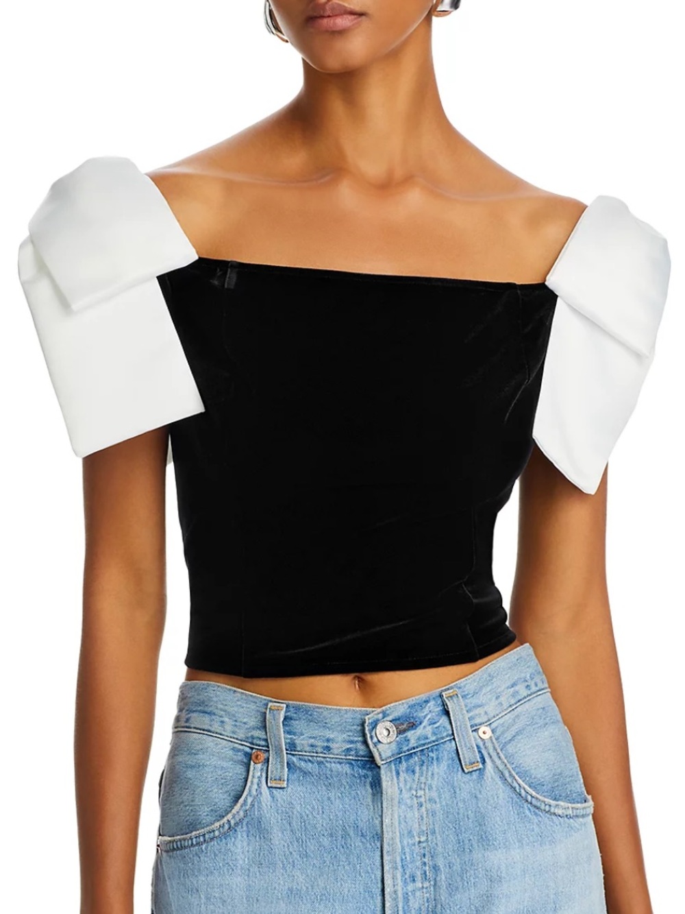 French Connection NWT Black Cream Velvet Carey Satin Bow Top